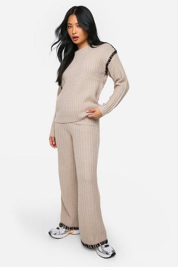 Petite Premium Heavyweight Contrast Trim Jumper And Trouser Knitted Set taupe