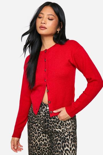 Petite Crew Neck Fine Gauge Micro Cardigan red