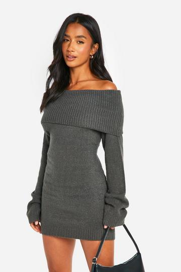 Petite Rib Bardot Neckline Mini Jumper Dress charcoal