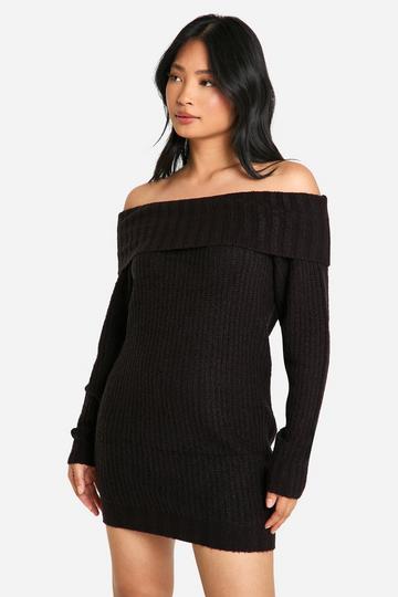 Petite Geribbelde Mini Trui Jurk Met Uitgesneden Hals black