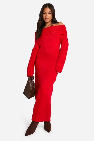 Red Petite Premium Oversized Rib Bardot Neckline Soft Knit Jumper Dress