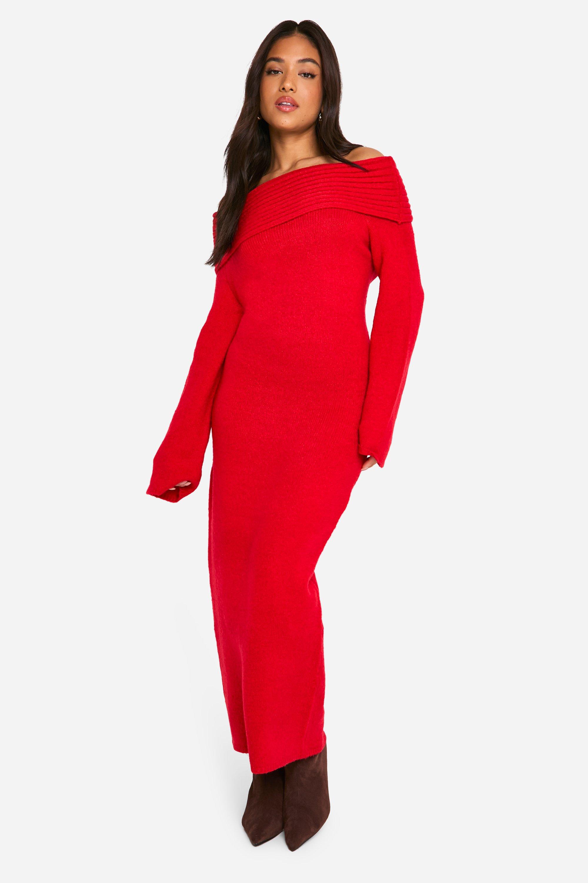 boohoo Women s Petite Premium Oversized Rib Bardot Neckline Soft Knit Sweater Dress Red Maxi Dresses