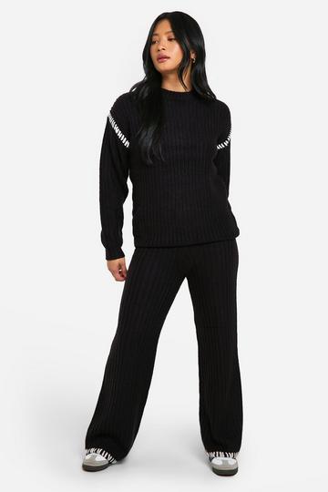 Petite Premium Heavyweight Contrast Trim Jumper And Trouser Knitted Set black