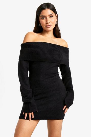 Tall Rib Bardot Neckline Mini Jumper Dress black