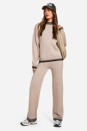 Tall Gebreide Trui Met Contrasterende Zoom En Wide Leg Broek Set taupe