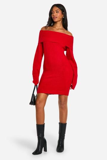 Tall Rib Bardot Neckline Mini Jumper Dress red