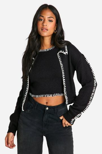 Tall Contrast Trim Knitted Crop Top And Cardigan Co-ord black