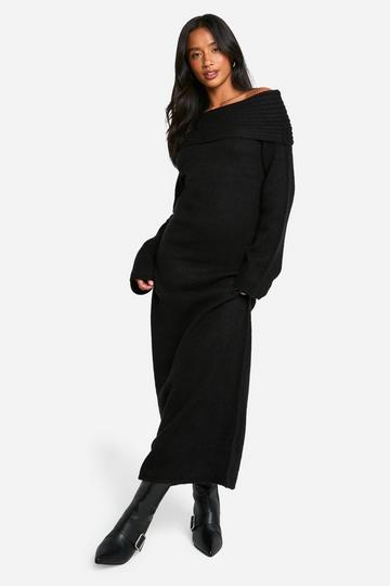 Petite Oversized Geribbelde Zachte Gebreide Trui Jurk Met Uitgesneden Hals black