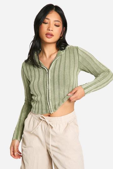 Petite Acid Wash Off The Shoulder Chunky Rib Knit Zip Cardigan sage