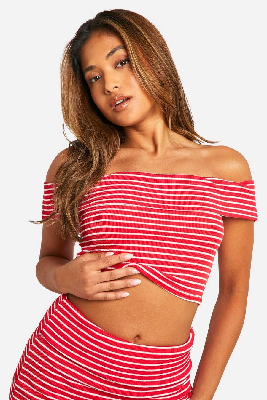 Red Petite Stripe Ribbed Fold Over Bardot Top image number 1
