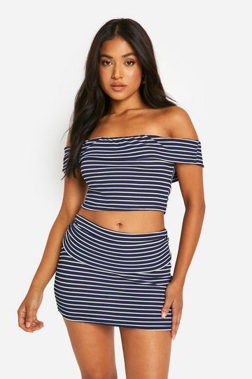 Navy Petite Stripe Ribbed Fold Over Bardot Top