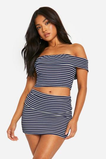 Petite Stripe Ribbed Fold Over Mini Skirt navy