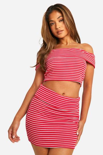 Petite Stripe Ribbed Fold Over Mini Skirt red