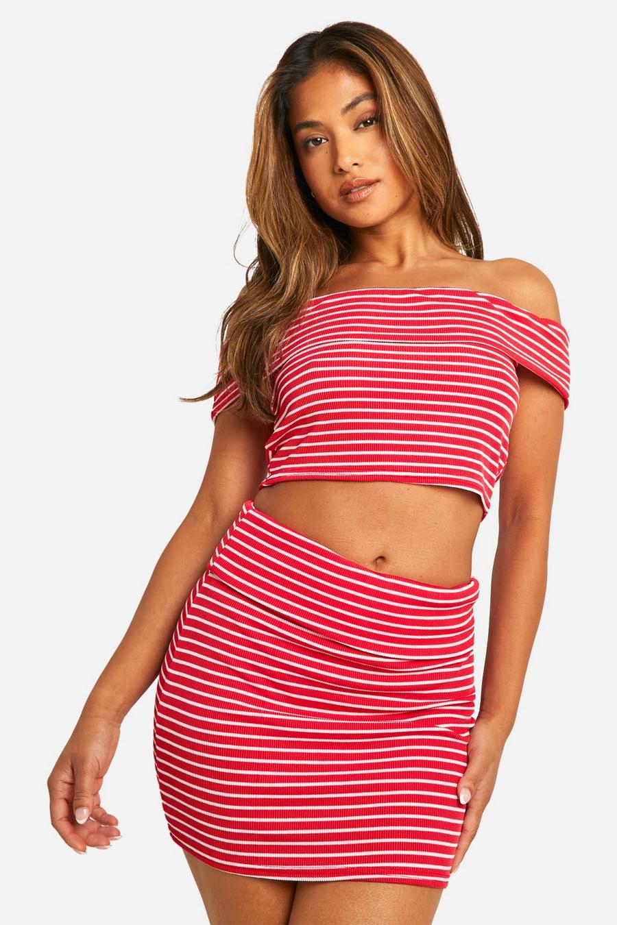 Red Petite Stripe Ribbed Fold Over Mini Skirt