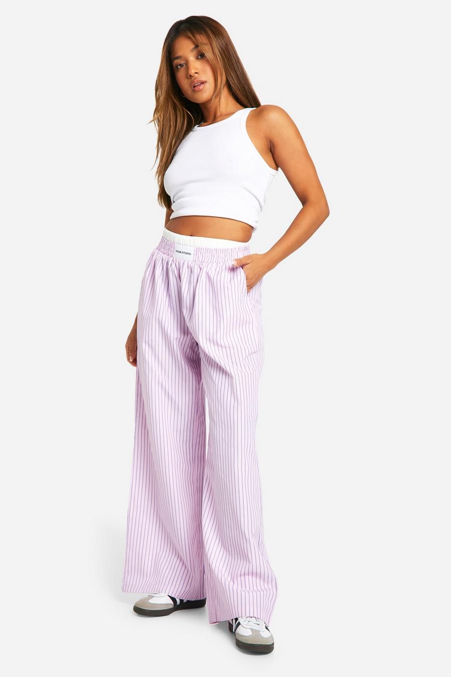 Baby pink Petite Contrast Boxer Waistband Stripe Wide Leg Pants image number 1