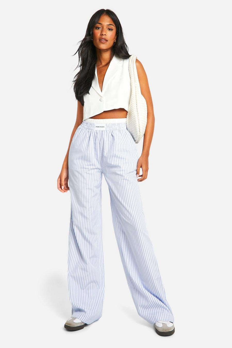 Blue Tall Contrast Boxer Waistband Stripe Wide Leg Trousers   image number 1