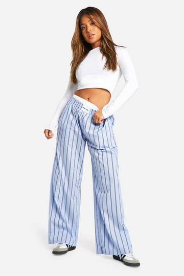 Petite Contrast Boxer Waistband Stripe Wide Leg Pants blue