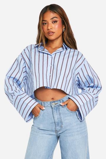 Petite Stripe Cropped Wide Sleeve Shirt blue