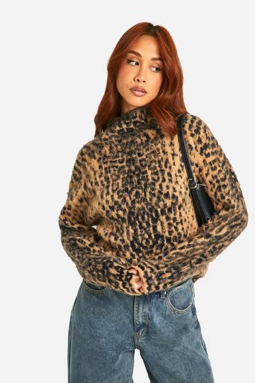 Brushed Leopard Knitted Turtleneck Sweater brown