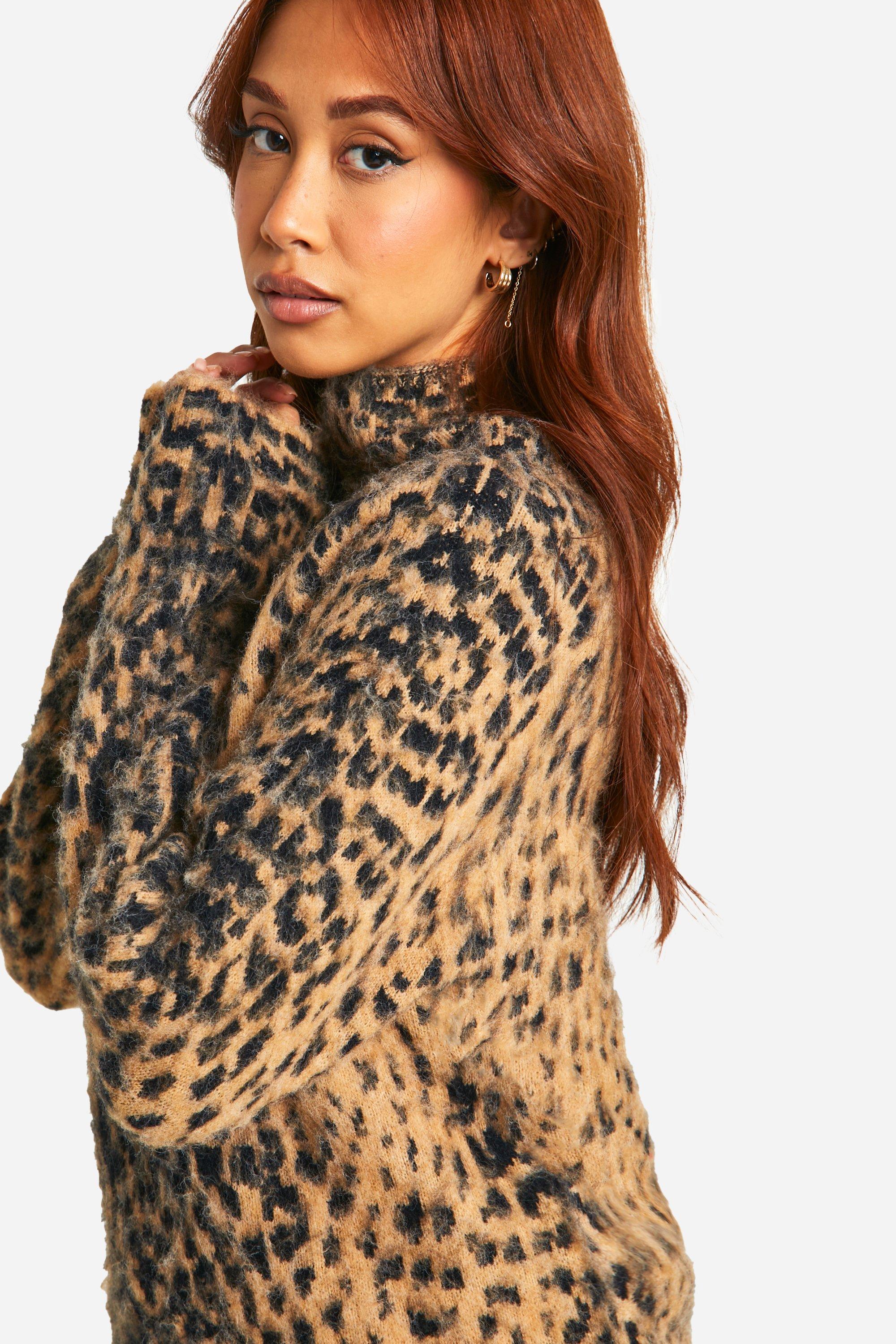 Brushed Leopard Knitted Turtleneck Sweater