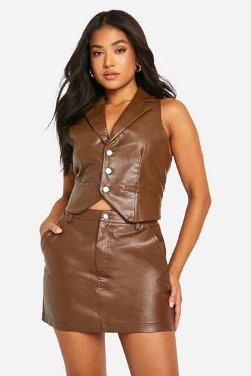 Petite Faux Leather Button Down Vest chocolate