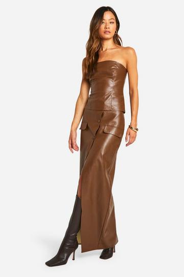 Tall Faux Leather Button Detail Wrap Maxi Skirt chocolate