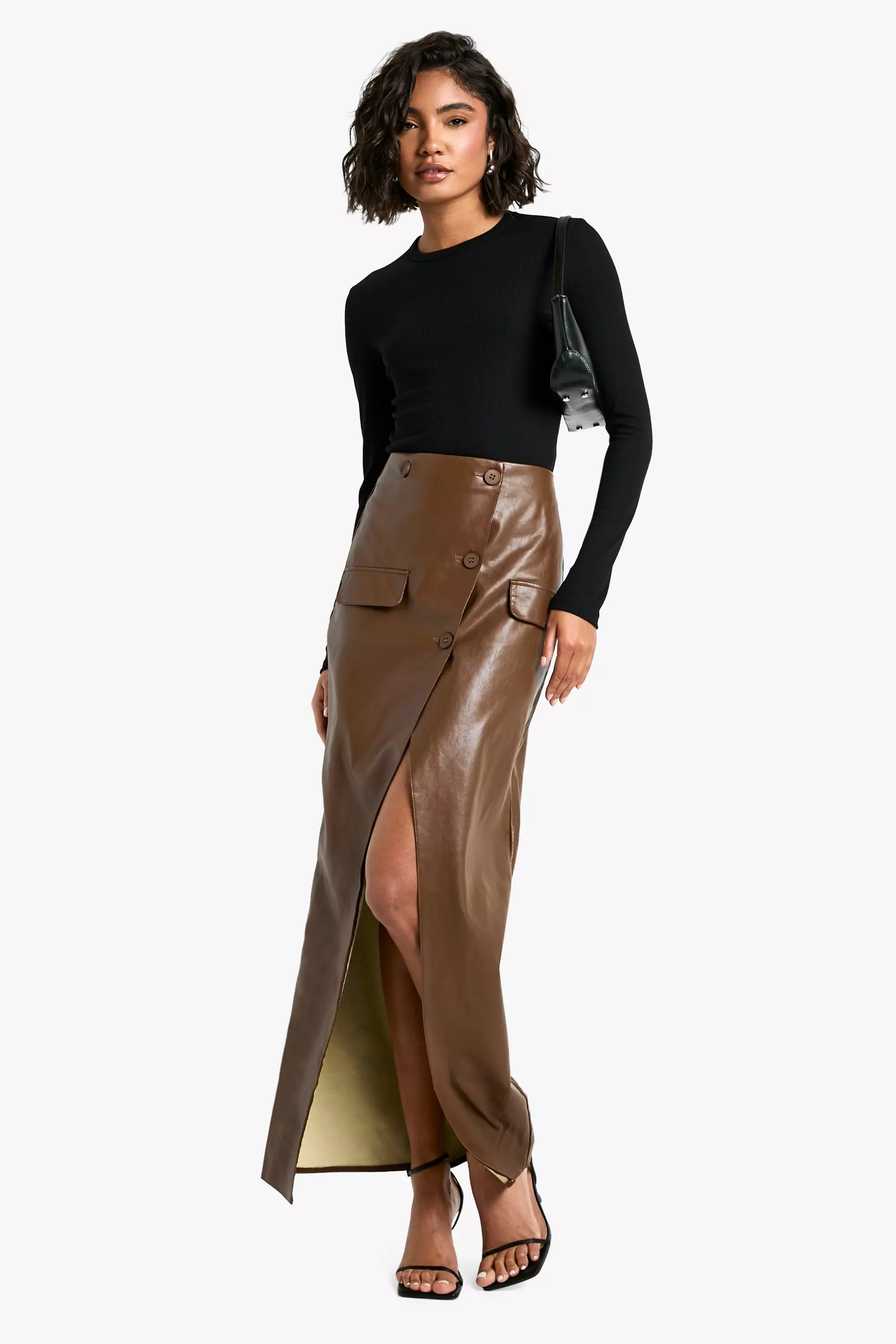 Chocolate Tall Faux Leather Button Detail Wrap Maxi Skirt صورة بديلة