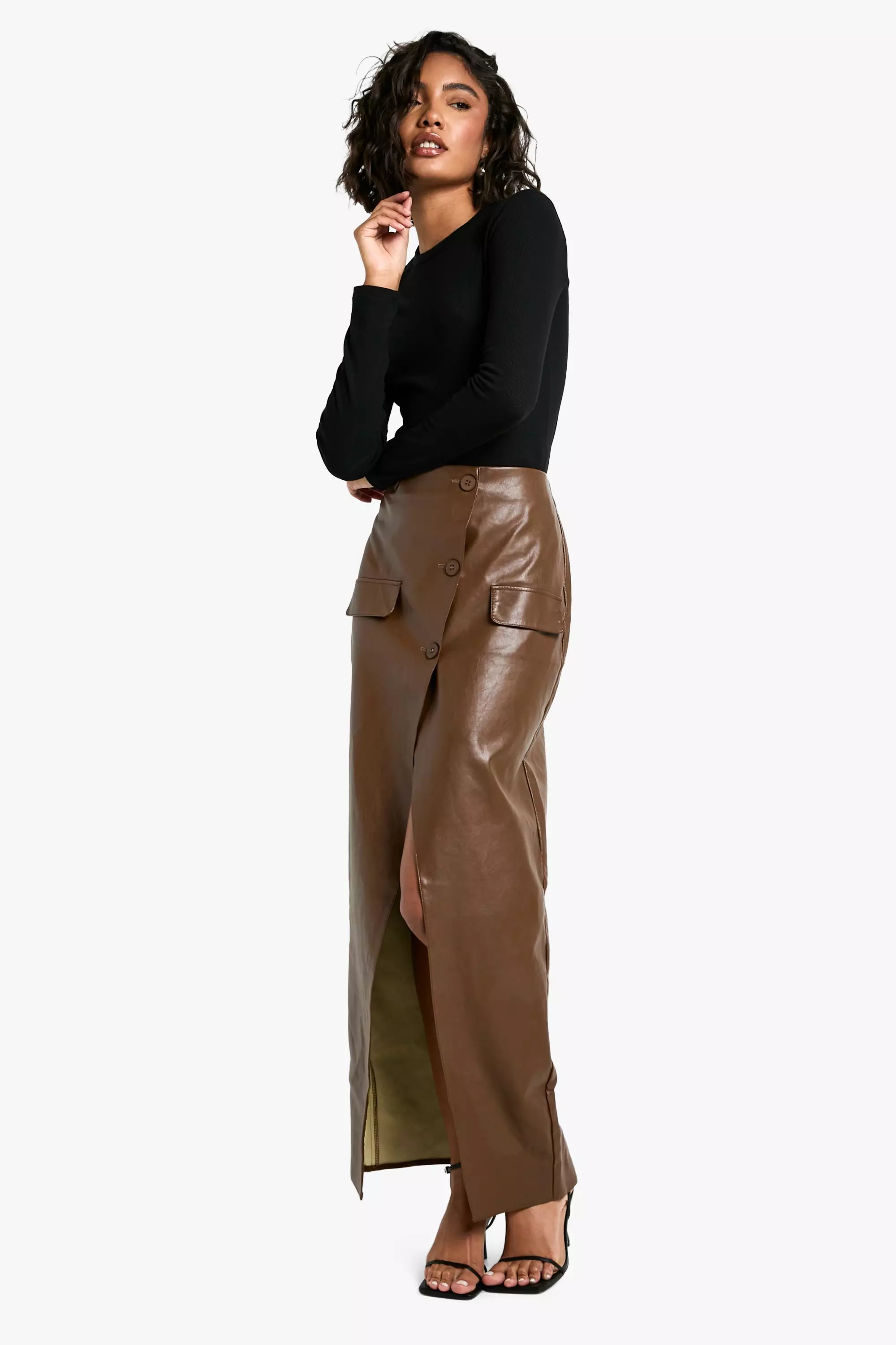 Chocolate Tall Faux Leather Button Detail Wrap Maxi Skirt صورة بديلة