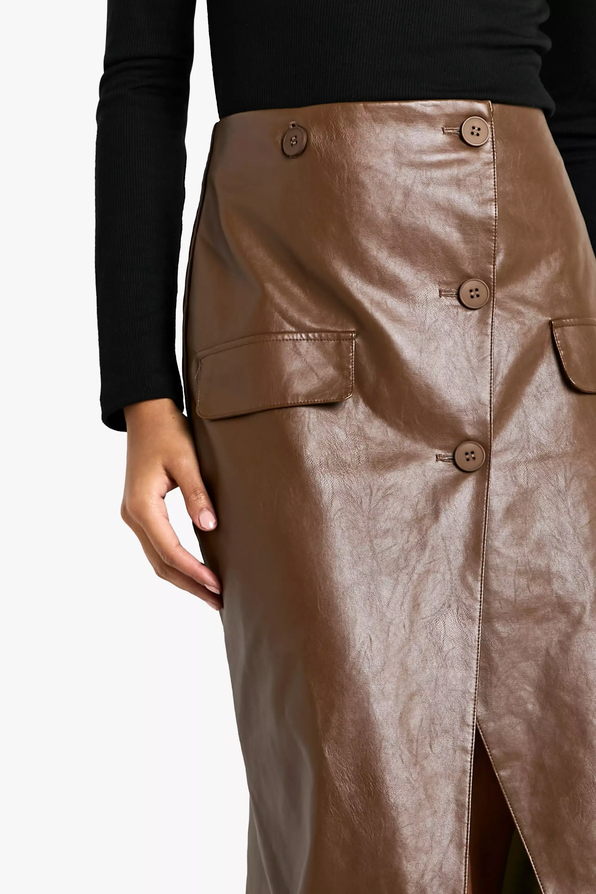 Chocolate Tall Faux Leather Button Detail Wrap Maxi Skirt صورة بديلة