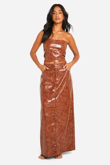 Petite Croc Look Faux Leather Maxi Skirt brown