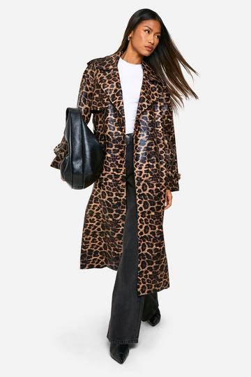 Leopard Faux Leather Trench Coat leopard