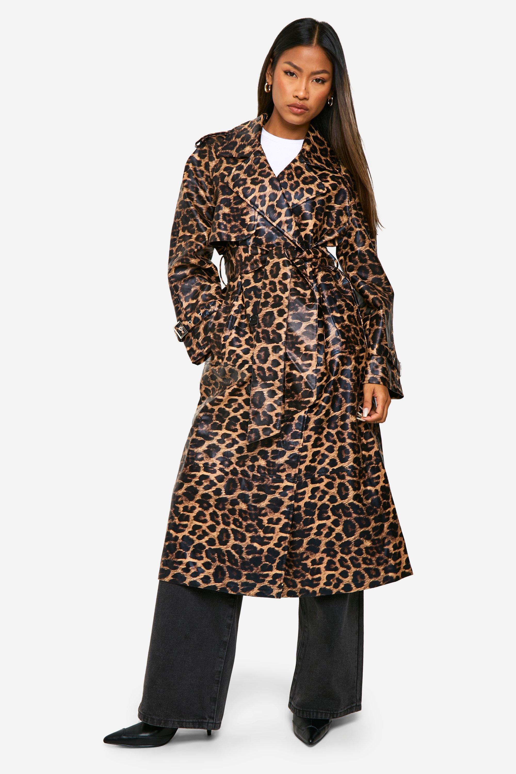 Leopard Faux Leather Trench Coat | boohoo USA Leopard Faux Leather Trench Coat | boohoo USA