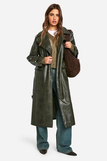 Green Crocodile Faux Leather Trench Coat