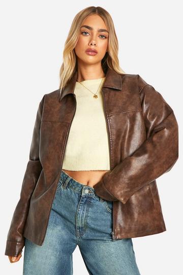 Vintage Look Faux Leather Zip Jacket brown