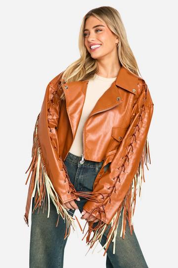 Tan Brown Fringe Detail Belted Faux Leather Biker Jacket