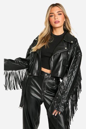 Black Fringe Detail Belted Faux Leather Biker Jacket