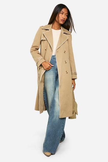 Beige Blanket Stitch Detail Tailored Trench Coat