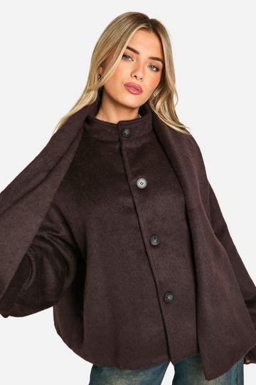 Scarf Wool Look Short Coat chocolate