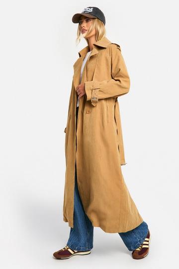 Camel Beige Oversized Trenchcoat Met Perzikhuid En Dubbele Knopen