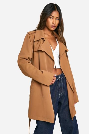 Camel Beige Belted Short Trench Coat