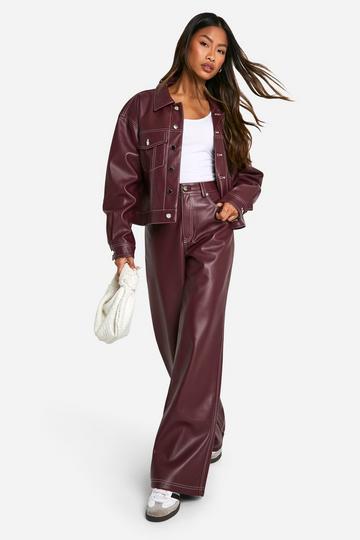 Contrast Stitch Detail Faux Leather Trousers wine