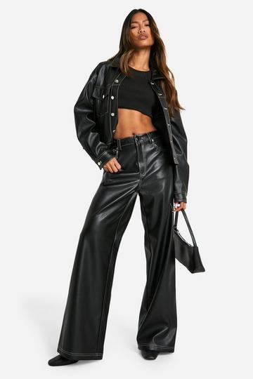 Black Contrast Stitch Detail Faux Leather Trousers