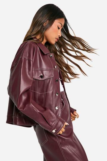 Contrast Stitch Detail Faux Leather Jacket wine