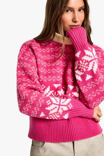 Pink Premium Fairisle Contrast Knitted Jumper