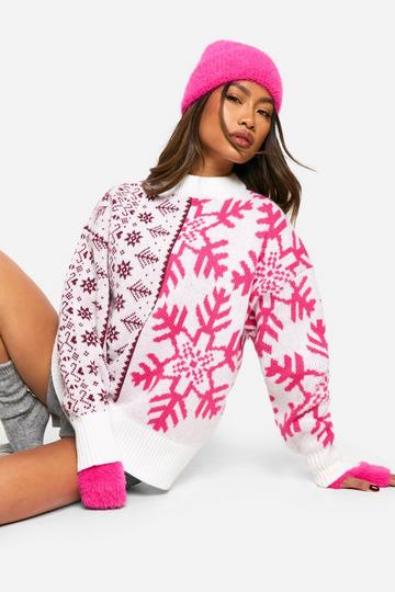 Premium Fairisle Contrast Oversized Knitted Christmas Jumper pink