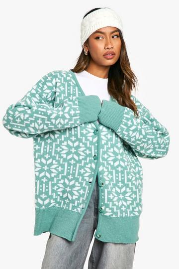 Premium Fairisle Snowflake Knitted Cardigan green