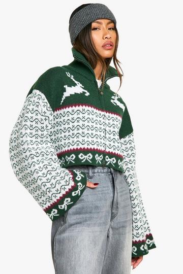 Premium Christmas Fairisle Knitted Zip Cardigan green