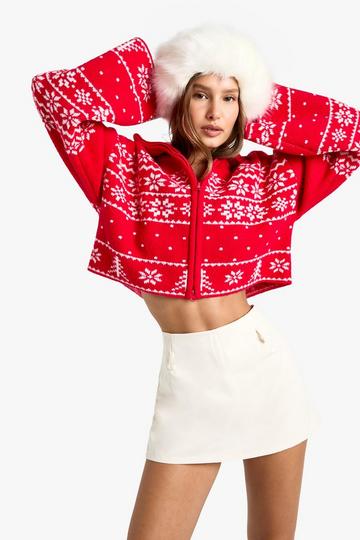 Premium Christmas Fairisle Zip Up Knitted Cardigan red