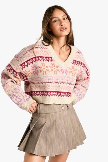 Premium Fairisle V Neck Knitted Jumper pink