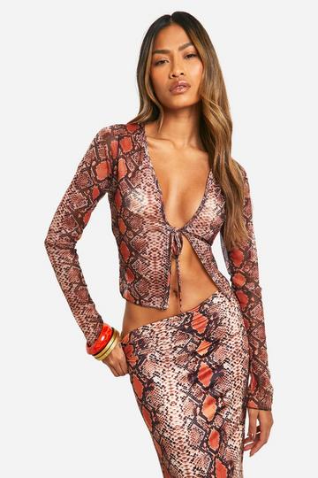 Snake Print Tie Front Mesh Top orange